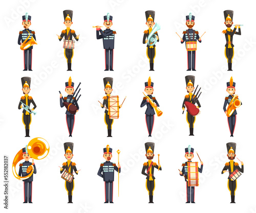 Marching band orchestra cgharacters wearing uniform playing musical instruments set cartoon vector illustration