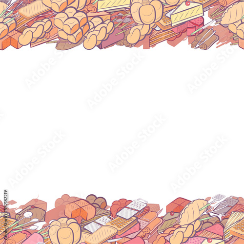 Background pattern abstract design texture. Cutlery and Bakery products. Horizontal seamless stripes. Border frame, transparent background. Theme is about sandwich, a sandwich, strudel