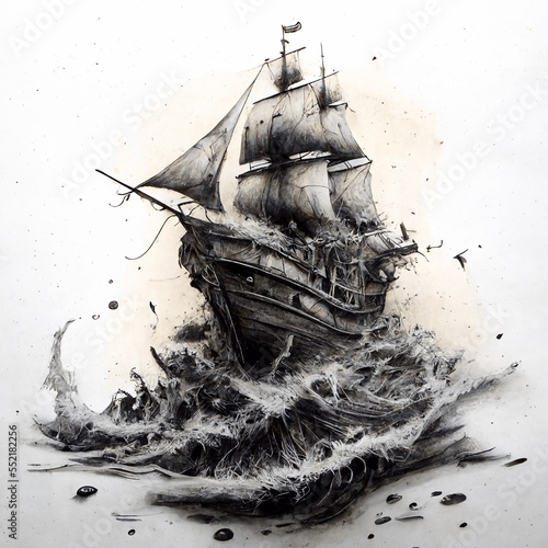 realistic ink drawing of a pinisi boat photo
