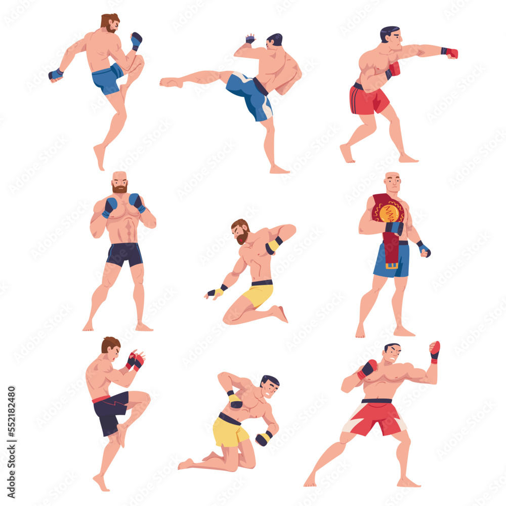 Mixed Martial Arts with Man Fighter in Boxing Gloves Engaged in Full-contact Combat Sport Striking Vector Set