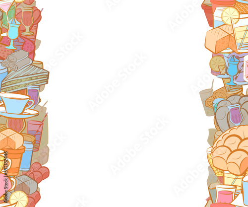 Background pattern abstract design texture. Bakery products and Drinks. Vertical seamless stripes. Border frame, transparent background. Theme is about drink, bread, bubbles, cherry, round