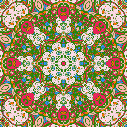 Seamless tile texture. Tracery mehndi design image. Ethnic doodle art. Curved doodling picture. Vector