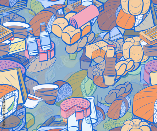 Background pattern abstract design texture. Seamless. Japanese food and Bakery products. Theme is about two-layer, sandwich, sauce cup, common, chopsticks, delivery, sushi-roll, molded, food delivery