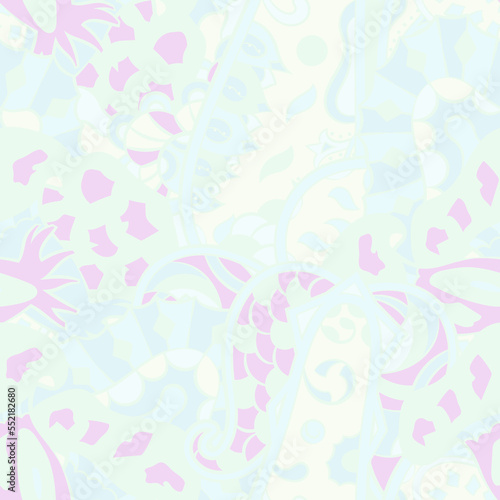 Tracery seamless pattern. Mehndi design. Pastel. 6 colors. Ethnic doodle texture. Curved doodling background. Vector