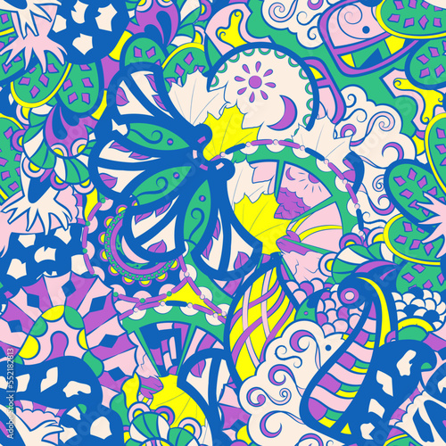 Tracery seamless pattern. Mehndi design. 6 colors. Ethnic doodle texture. Curved doodling background. Vector