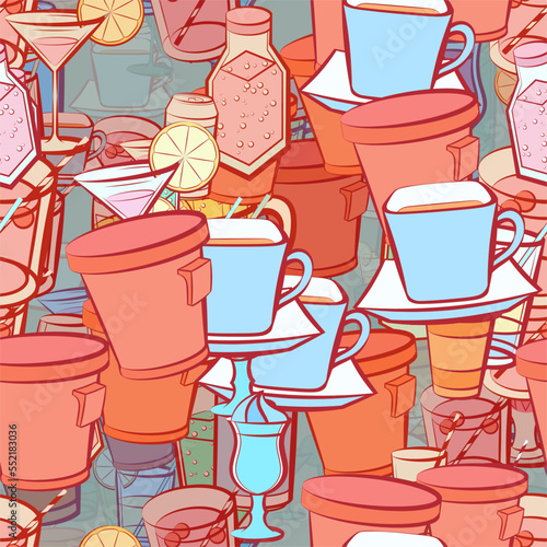Background pattern abstract design texture. Seamless. Drinks. Theme is about drinking straw, aluminum, hot drink, saucer, Cup, cola, bottle, figured glass, soda, wineglass, beer, kvass, Martini