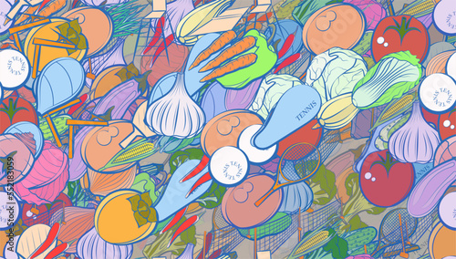 Background pattern abstract design texture. Seamless. Tennis and Health food. Theme is about tart, white, eggplant, nutritious, net, egg, washed, cucumbers, Chile, grid, ping-pong, cooking