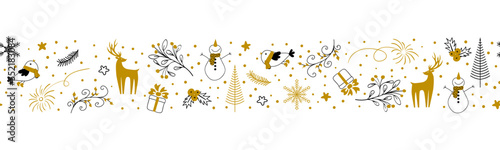 Christmas and New Year's endless border. Deer, bird, snowman, gift, fireworks and Christmas tree. Seamless repeat pattern. Cartoon doodles. Vector pattern, design for textiles, packaging, paper