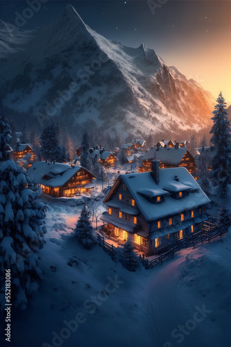 Swiss Alps village with Christmas lights at winter sunrise with mountains at the background from the above. AI generated