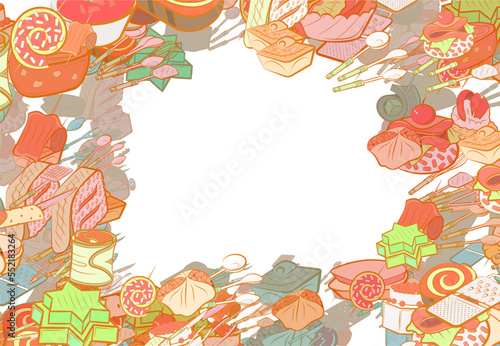 Background pattern abstract design texture. Snacks and Cutlery. Border frame, transparent background. Theme is about scooped, filling, twisted, six-pointed, soup, salad, stuffed cabbage