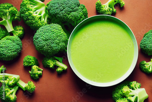 Top view of broccoli soup surrounded by fresh broccoli as modern food illustration (Generative AI)