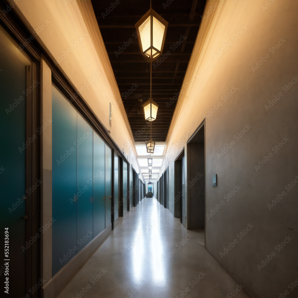 a long hallway with a light hanging from the ceiling, made with generative ai