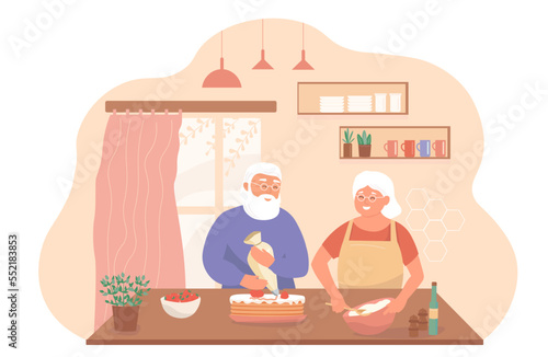 An elderly couple cooks a cake in the kitchen. Happy old people enjoy life, are happy, take care of each other. Vector graphics.