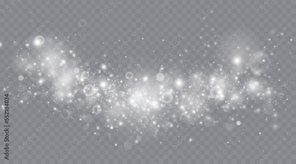 Particles of white magic dust. Shining light particles.Christmas glitter particles. Light effect on a transparent background