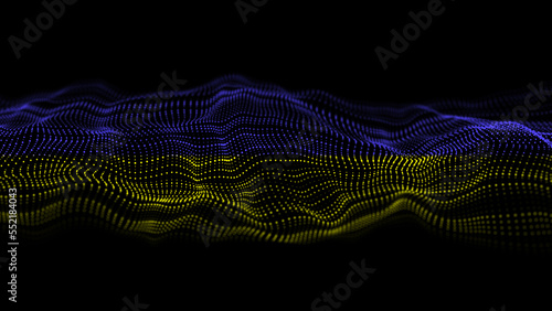 Digital wave in a Ukraine flag form. The futuristic abstract structure. Big data visualization. 3D rendering.