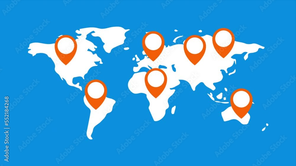 World map pin animation. World map with geolocation markers motion