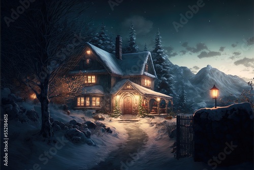 Fairytale winter village in the forest and mountains, night view. Wooden houses decorated with garlands, Christmas tale. AI