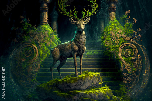 legendary deer in an abandoned shrine  fantasy painting  wallpaper 