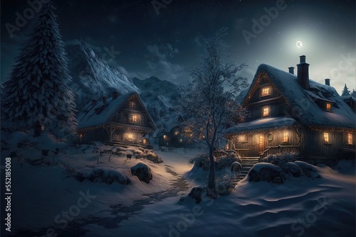 Fairytale winter village in the forest and mountains, night view. Wooden houses decorated with garlands, Christmas tale. AI © Terablete