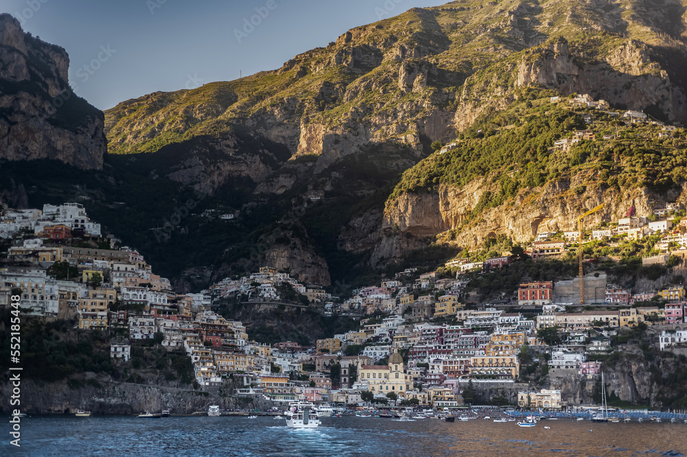 Positano village in the mountains. Coastal or coast view. Positano, is a village on the Amalfi Coast, Salerno, Campania.