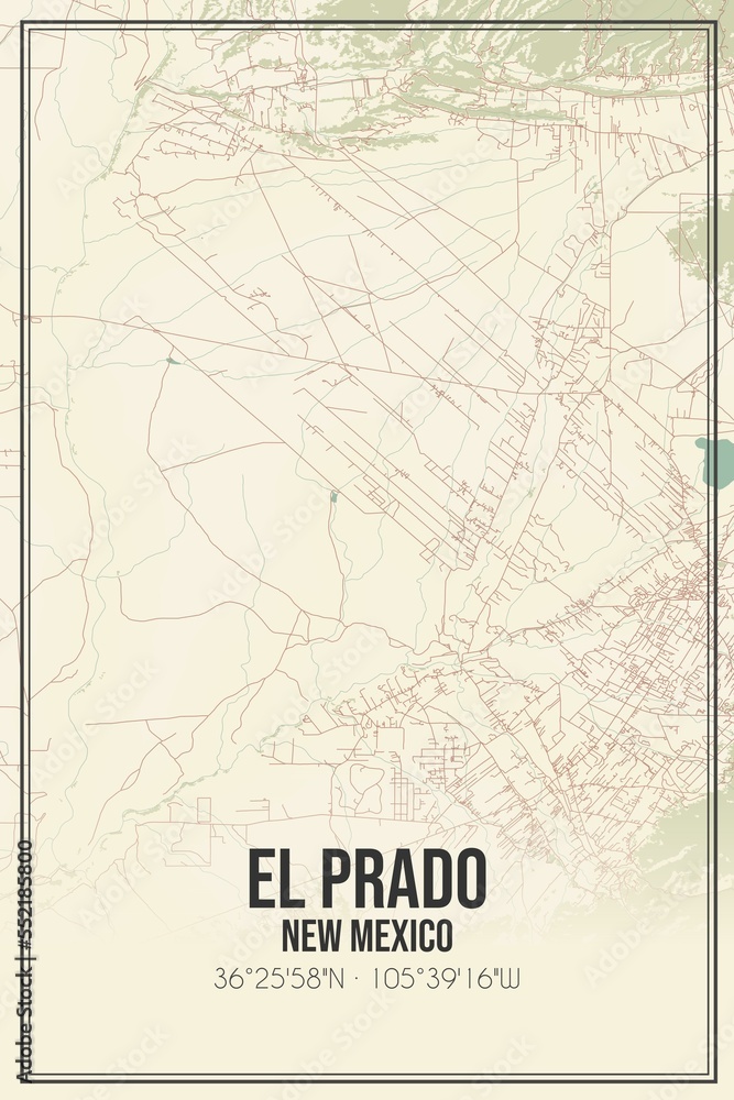 Retro US city map of El Prado, New Mexico. Vintage street map.
