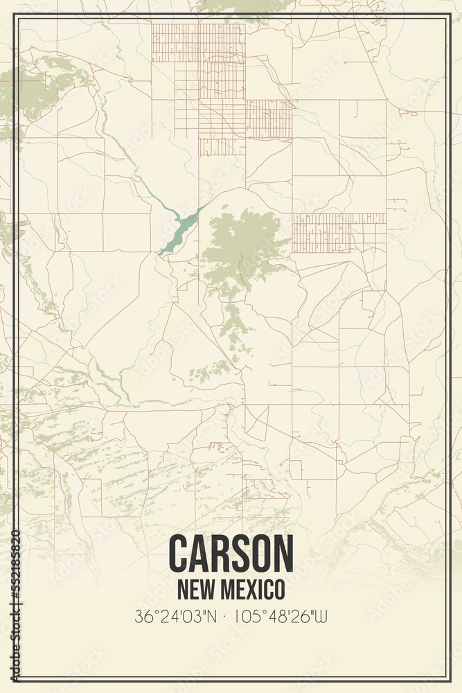 Retro US city map of Carson, New Mexico. Vintage street map.