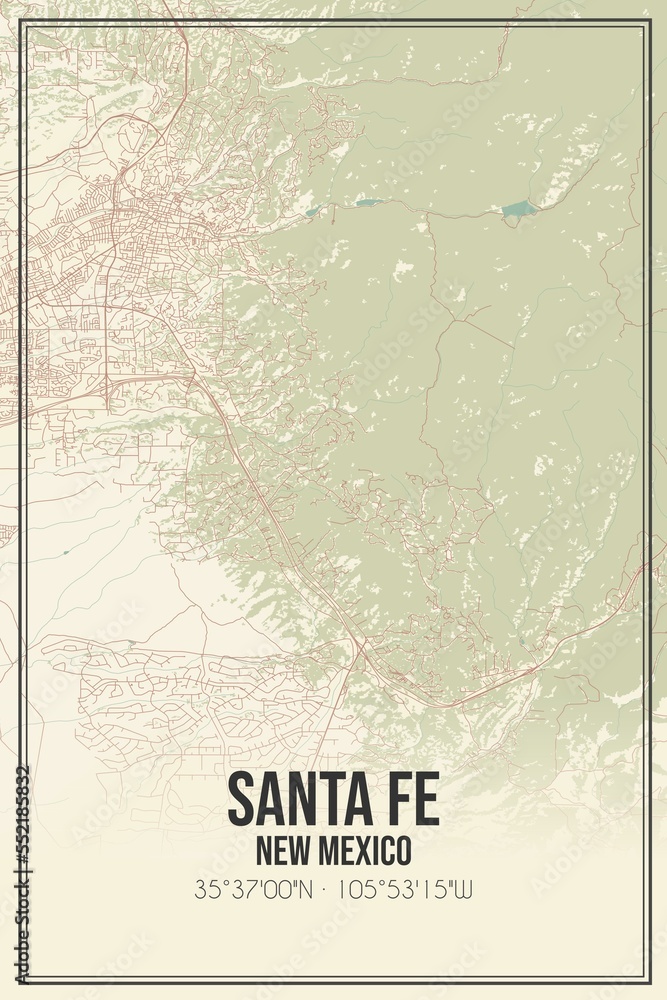 Retro US city map of Santa Fe, New Mexico. Vintage street map.
