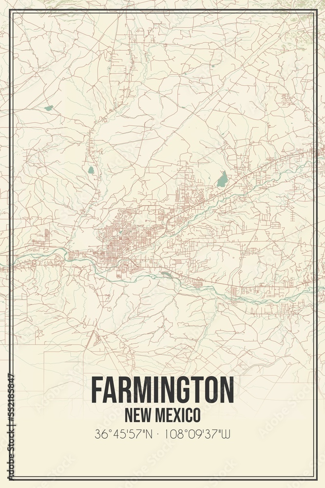 Retro US city map of Farmington, New Mexico. Vintage street map.