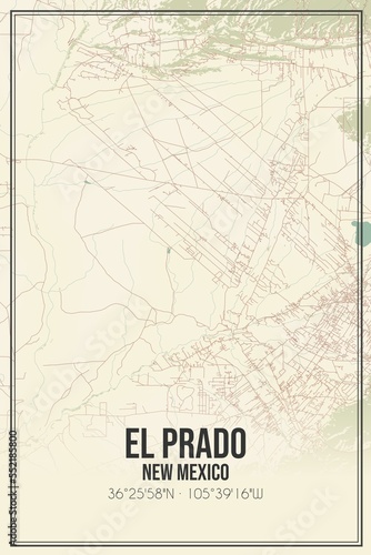 Retro US city map of El Prado  New Mexico. Vintage street map.