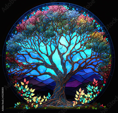Fotografia A blue circular stained glass tree. Generative AI