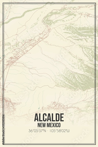 Retro US city map of Alcalde, New Mexico. Vintage street map.