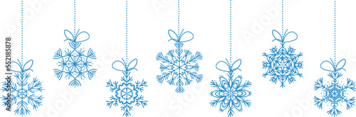 Holiday blue pending snowflakes with bows. New year card. Christmas design elements. Vector illustration
