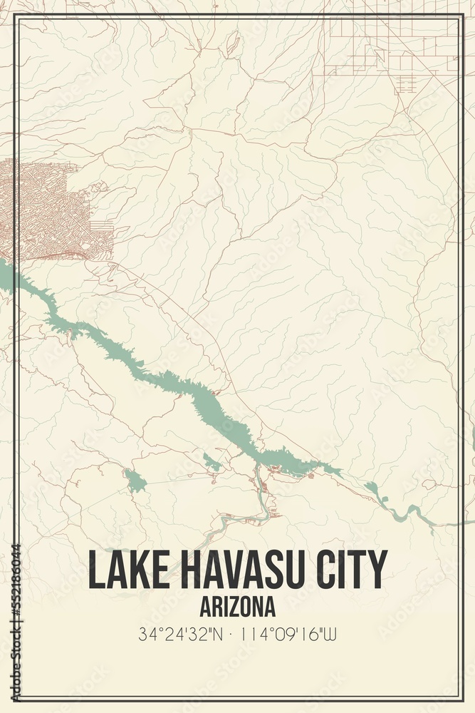 Retro US city map of Lake Havasu City, Arizona. Vintage street map.