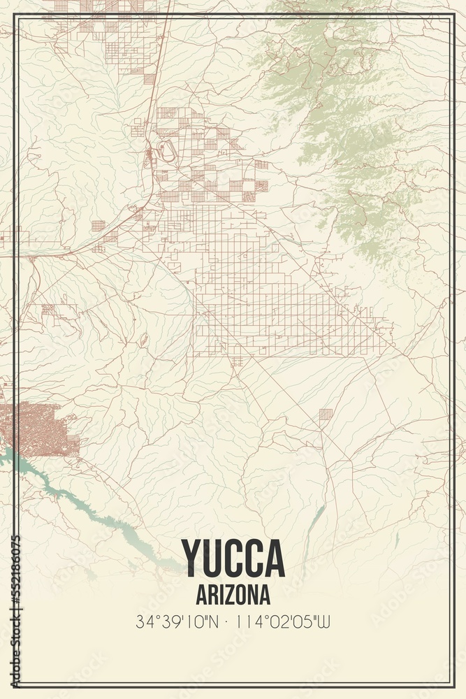 Retro US city map of Yucca, Arizona. Vintage street map.