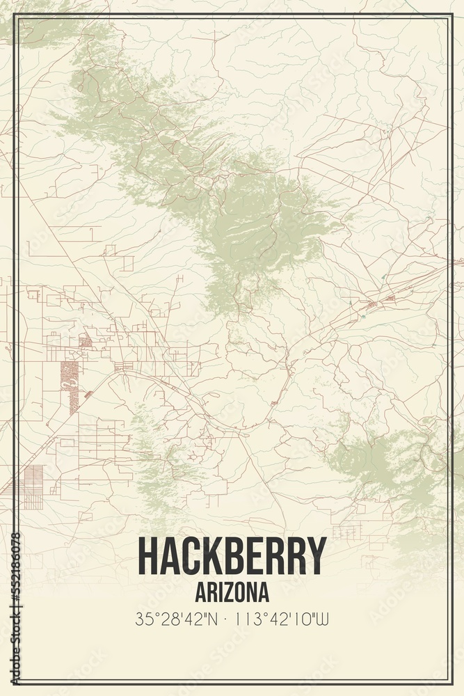 Retro US city map of Hackberry, Arizona. Vintage street map.