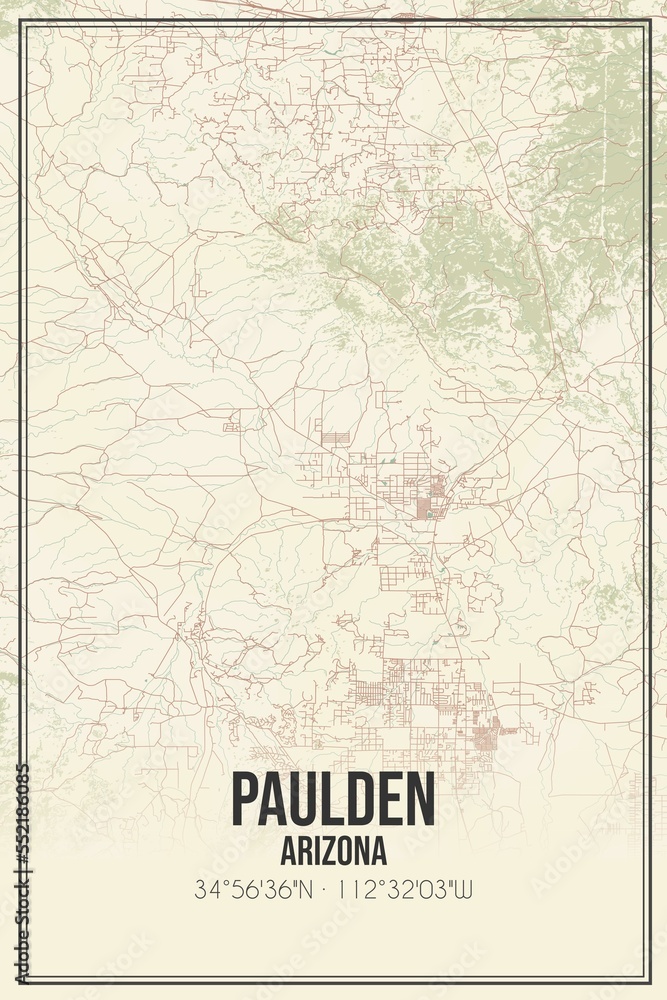 Retro US city map of Paulden, Arizona. Vintage street map.