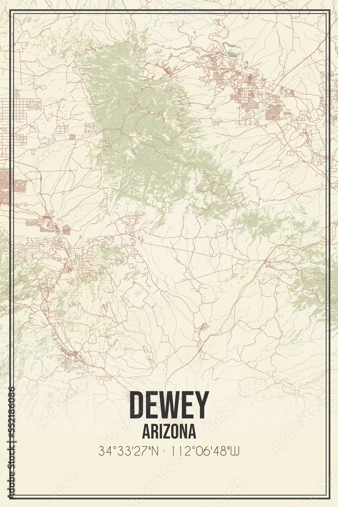 Retro US city map of Dewey, Arizona. Vintage street map.