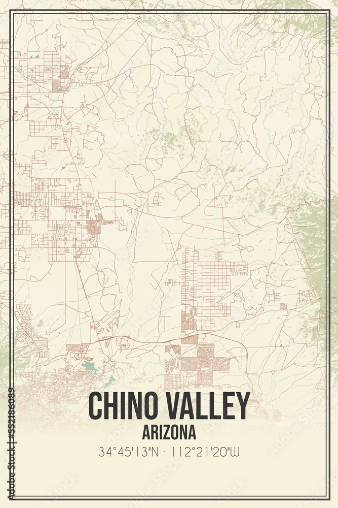 Retro US city map of Chino Valley, Arizona. Vintage street map.