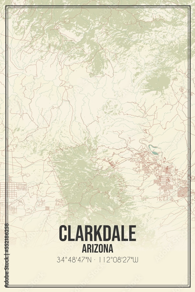 Retro US city map of Clarkdale, Arizona. Vintage street map.
