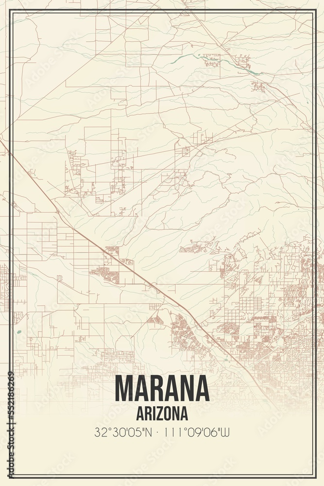 Retro US city map of Marana, Arizona. Vintage street map.