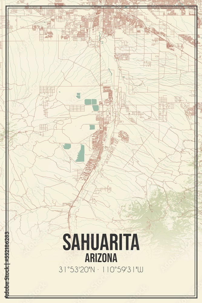 Retro US city map of Sahuarita, Arizona. Vintage street map.