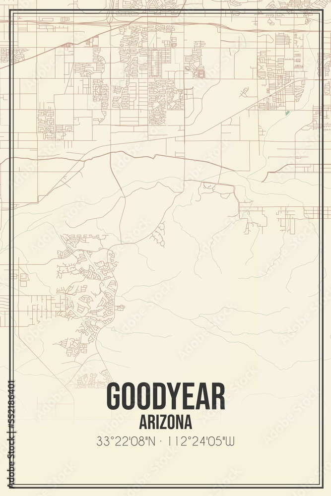 Retro US city map of Goodyear, Arizona. Vintage street map.
