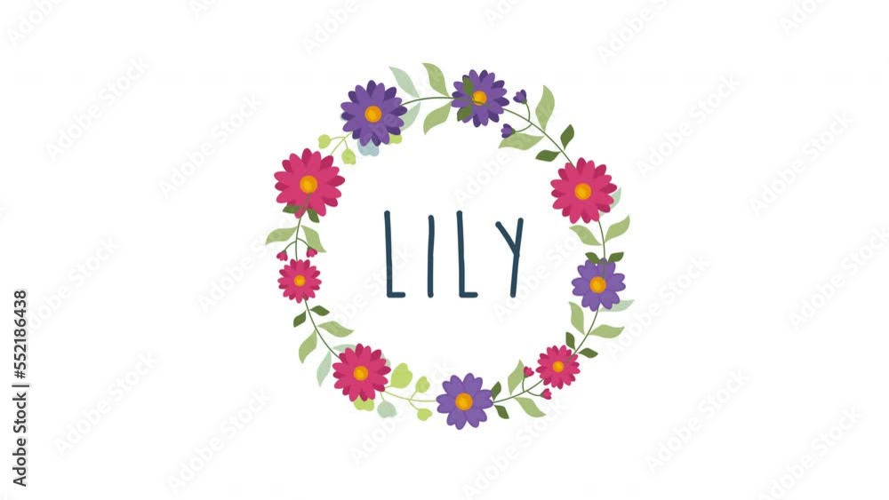 lily girls name motion animation concept.woman name with floral wreath Stock Video Adobe Stock