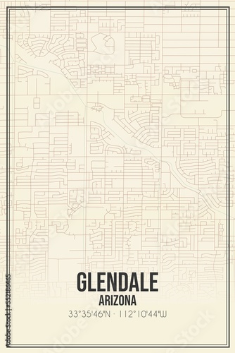 Retro US city map of Glendale, Arizona. Vintage street map.