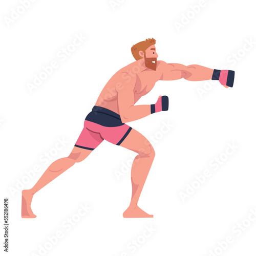 Mixed Martial Arts with Bearded Man Fighter in Shorts and Boxing Gloves Engaged in Full-contact Combat Sport Vector Illustration