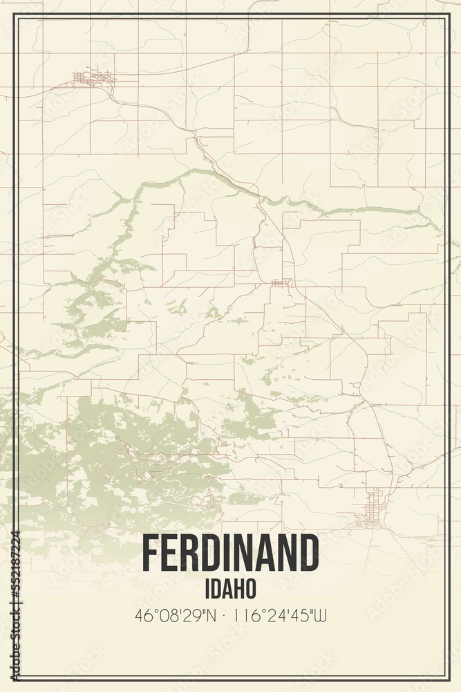 Retro US city map of Ferdinand, Idaho. Vintage street map.
