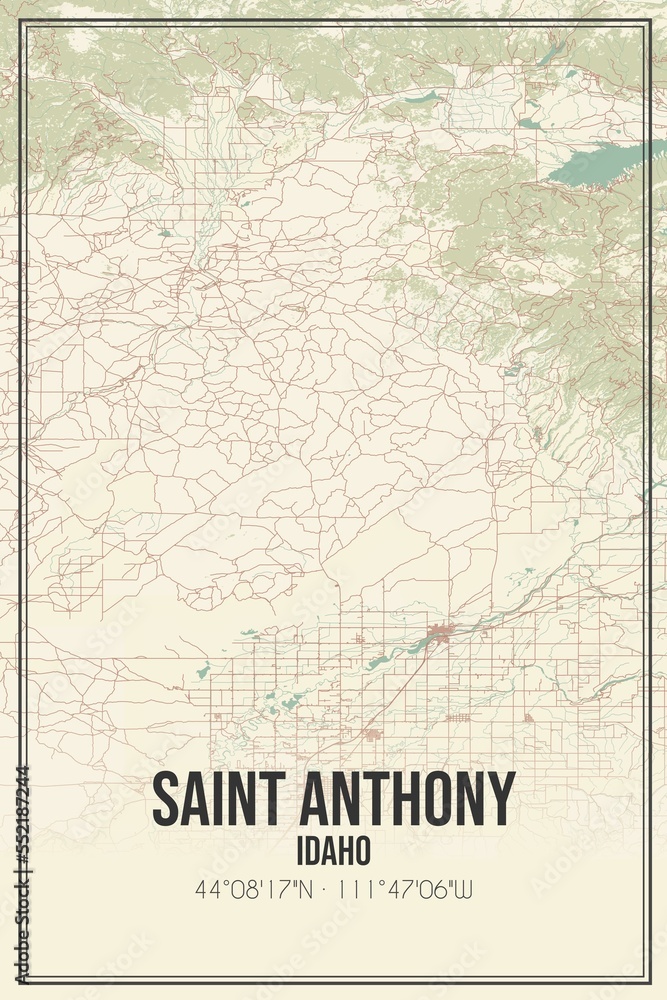 Retro US city map of Saint Anthony, Idaho. Vintage street map.