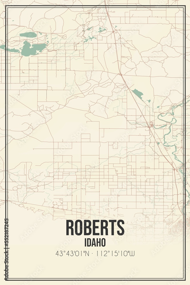 Retro US city map of Roberts, Idaho. Vintage street map.