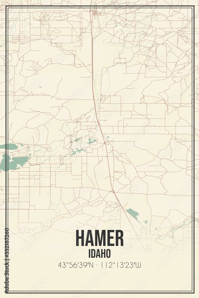 Retro US city map of Hamer, Idaho. Vintage street map.