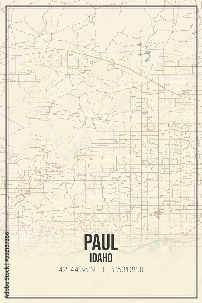 Retro US city map of Paul, Idaho. Vintage street map.